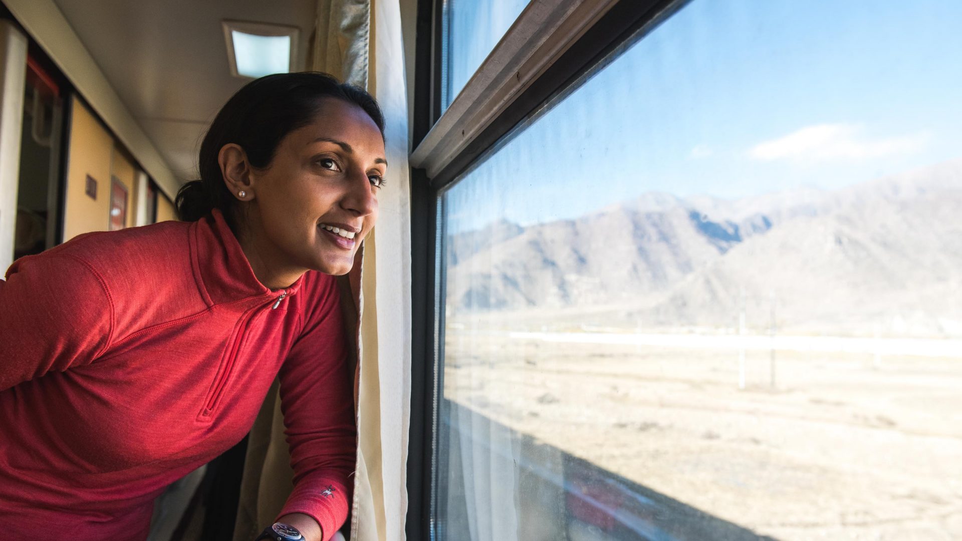 Writer Monisha Rajesh in China during her around-the-world train journey.