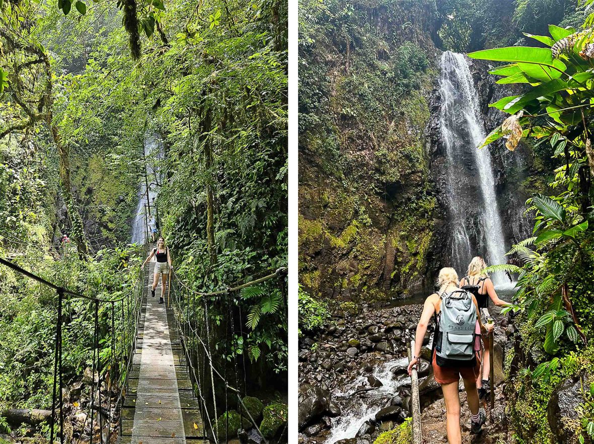 Left: A woman stands on a narrow footbridge in the forest. Right: Two women seen walking to the waterfall at El Tigre.