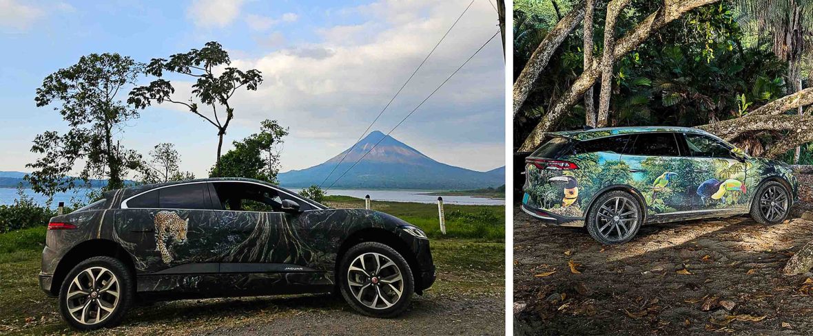 Two electric vehicles in different locations in Costa Rica.