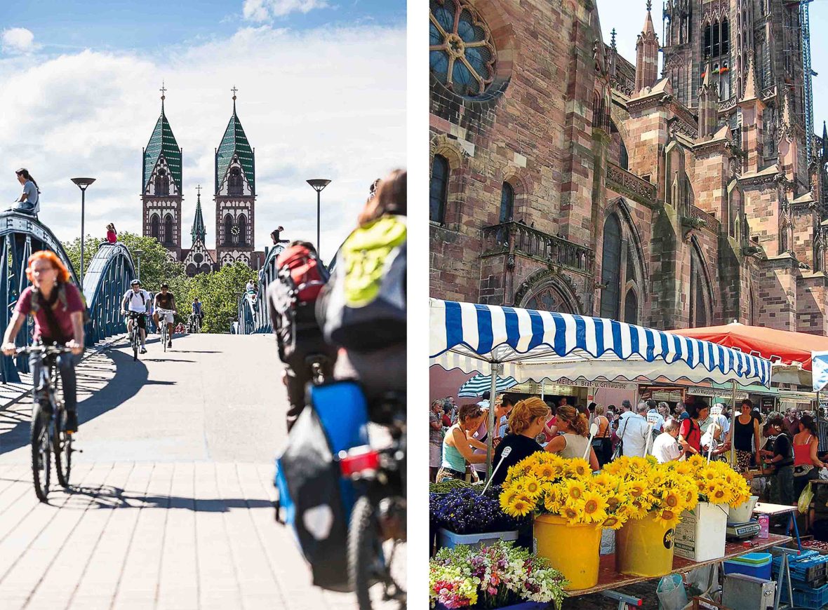 Left: Cyclists in the city of Freiburg. Right: A market in front of the Freiburger Münster.