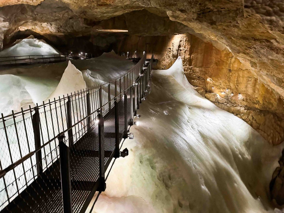 Walkway over ice in Dachstein Giant Ice Cave.