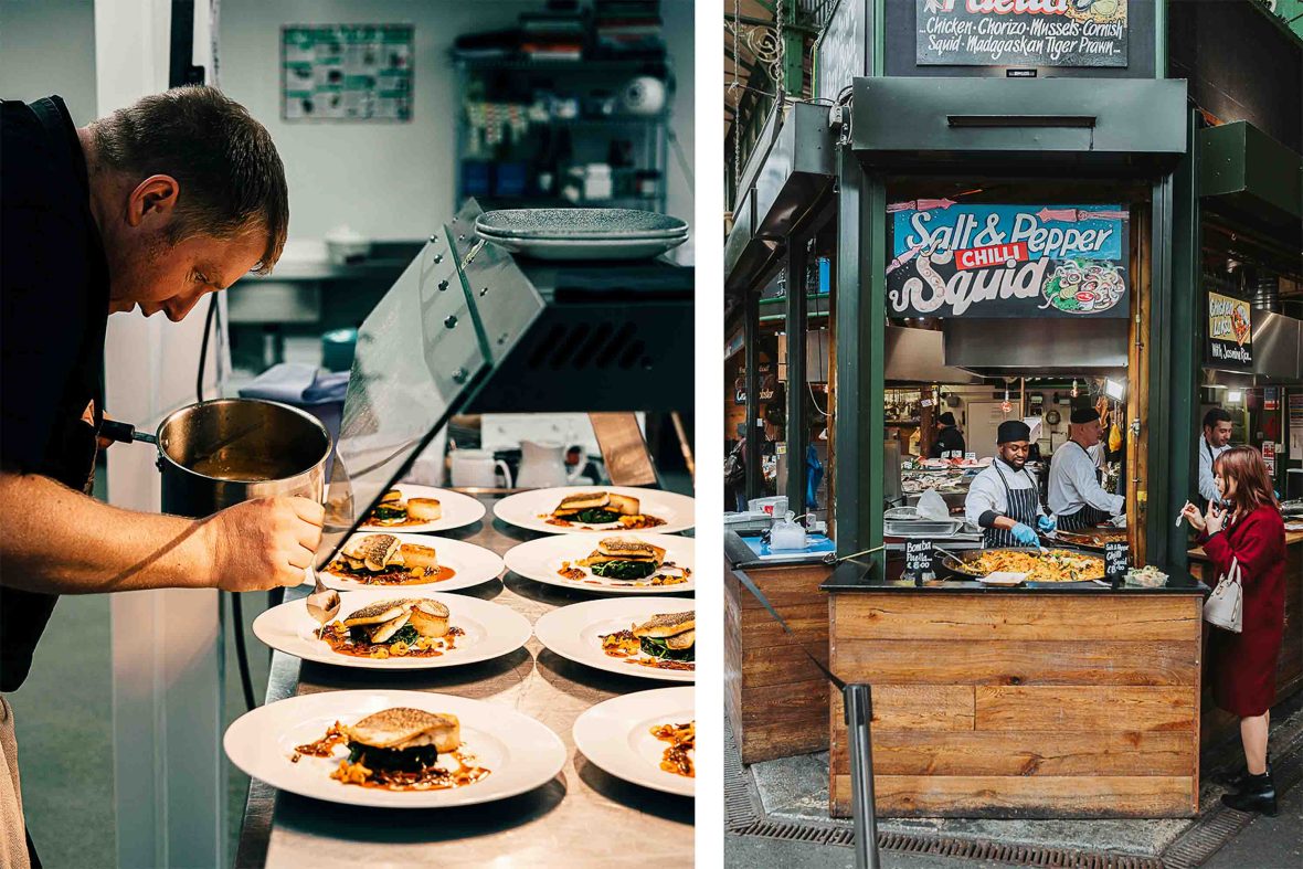 Left: A chef plates up fine dining food. Right: A stall selling chilli squid at a market.