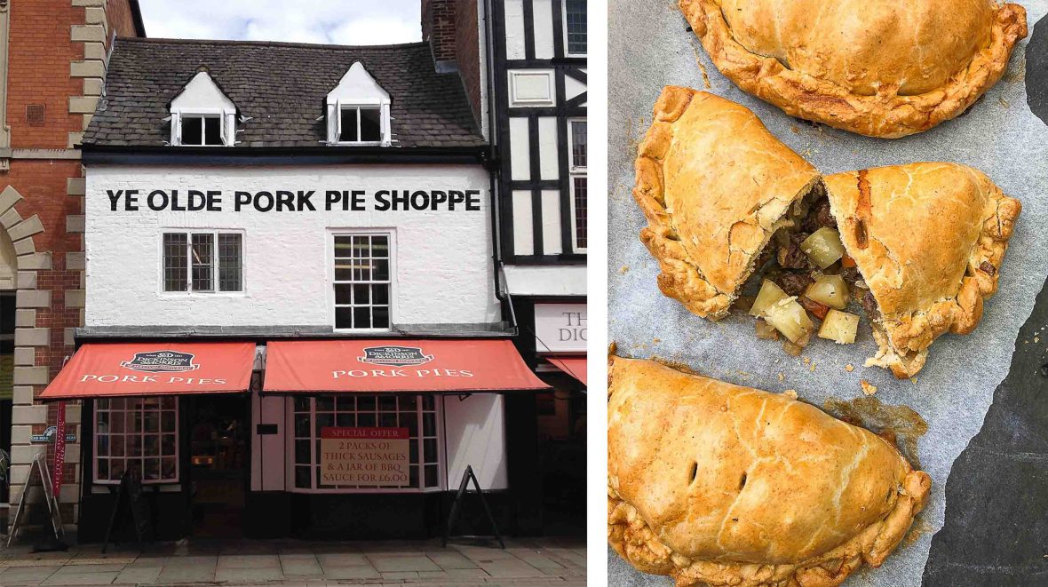 Left: The black and white exterior of a pork pie shoppe. Right: Cornish pasty's open to reveal their filling.