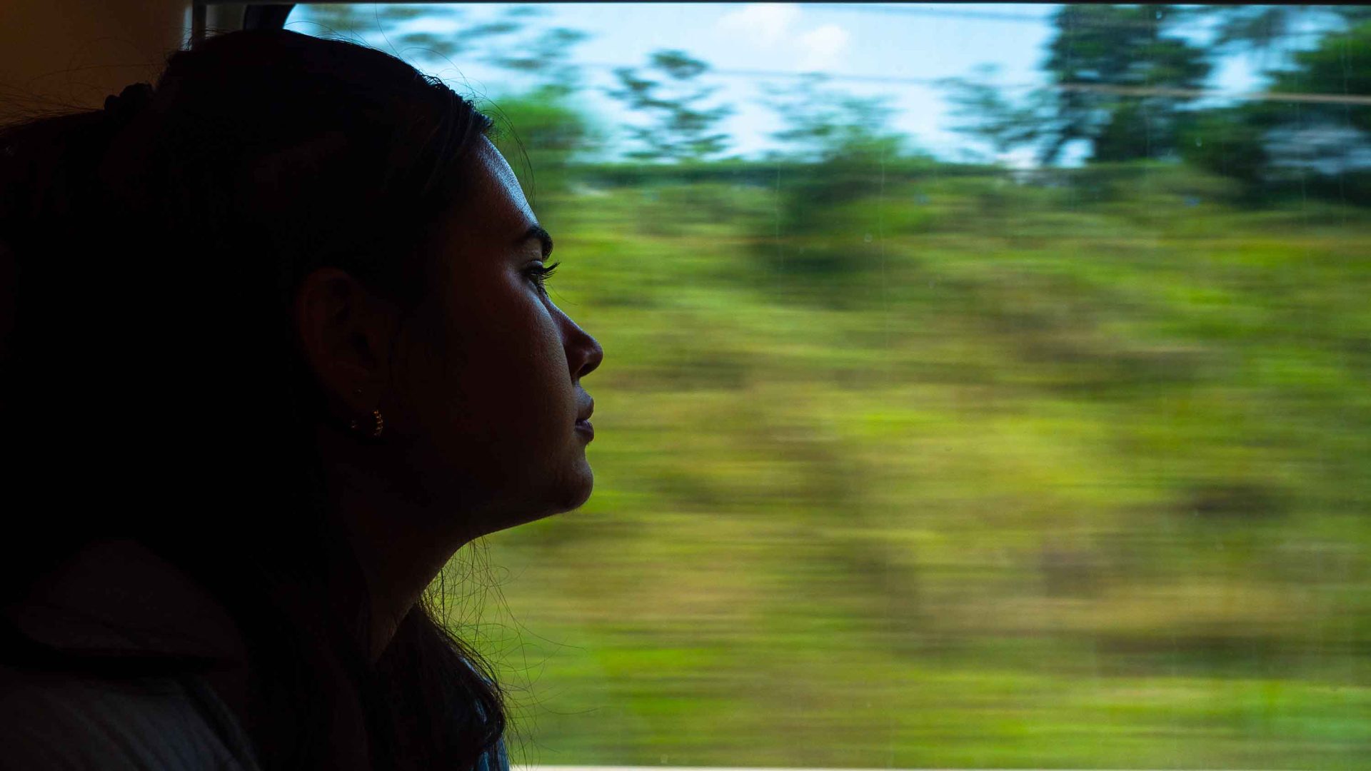 A woman looks out of the train window as green landscape blurs past.