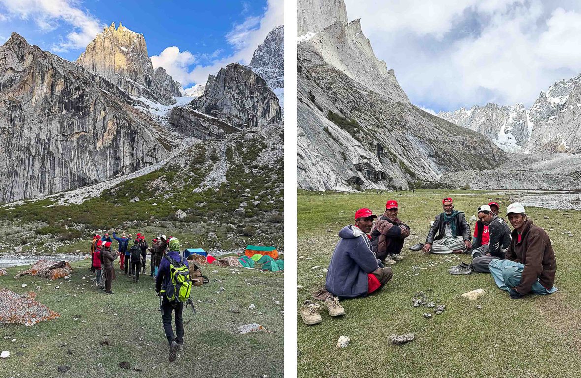 Left: Trekkers at the campsite. Right: Porters take a break at one of the campsites.