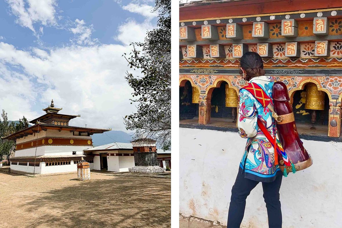 Left: A white and brown temple. Right: Writer Natasha with the phallus on her back.