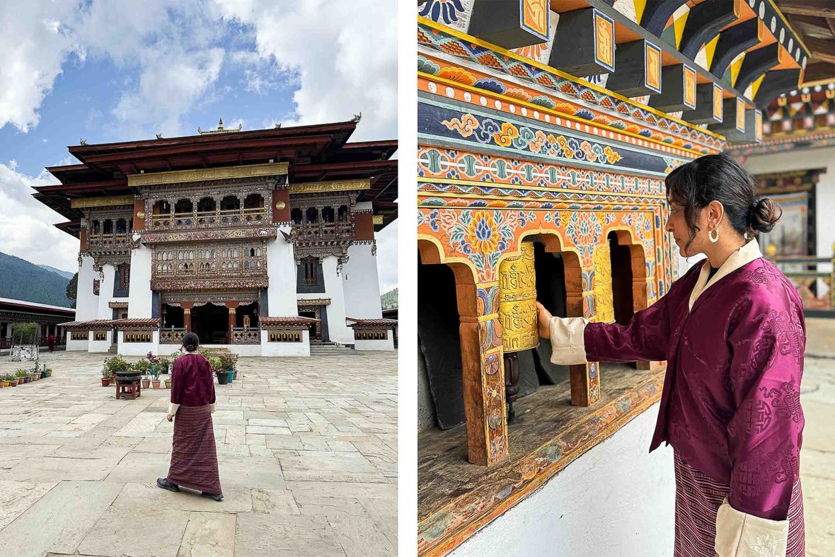 Left: The writer walks toward a temple. Right: The writer spins prayer wheels.