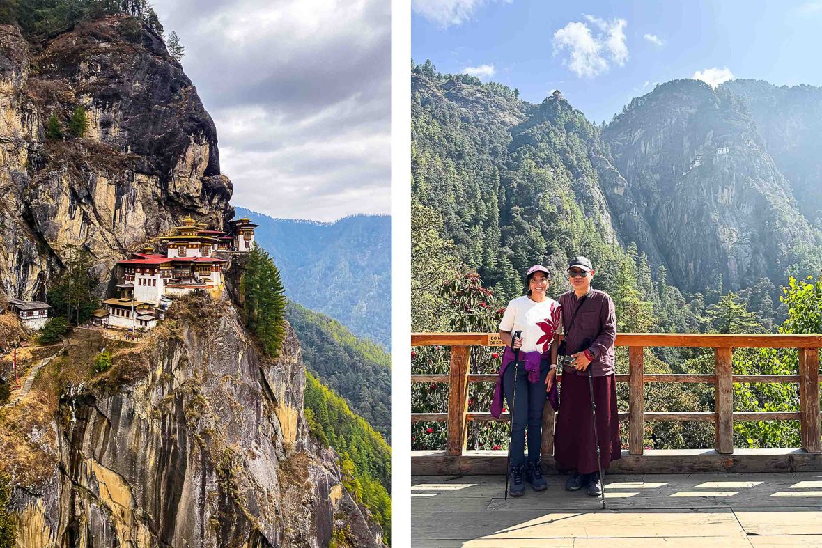 Left: A temple on the edge of a mountain. Right: The writer and her guide smile in front of some mountains.